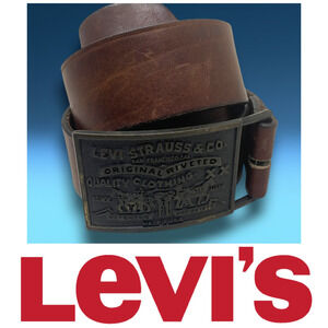 Vintage Levi Strauss Leather Belt Brass Two Horse Logo Buckle Sz 36"-40" USA